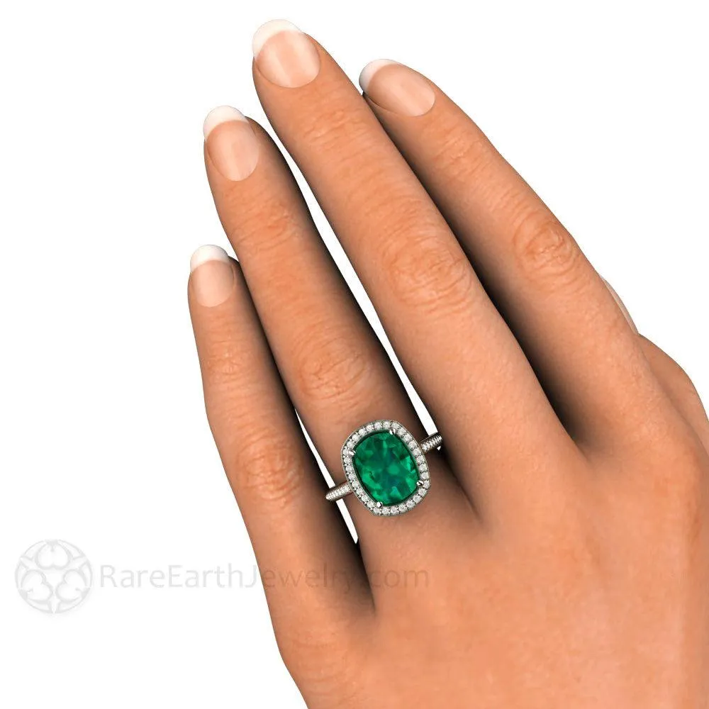 Large Emerald Cushion Cut Engagement Ring with Diamond Halo