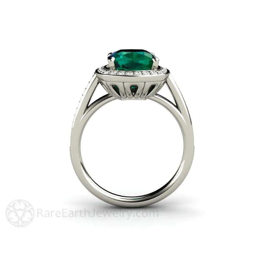 Large Emerald Cushion Cut Engagement Ring with Diamond Halo
