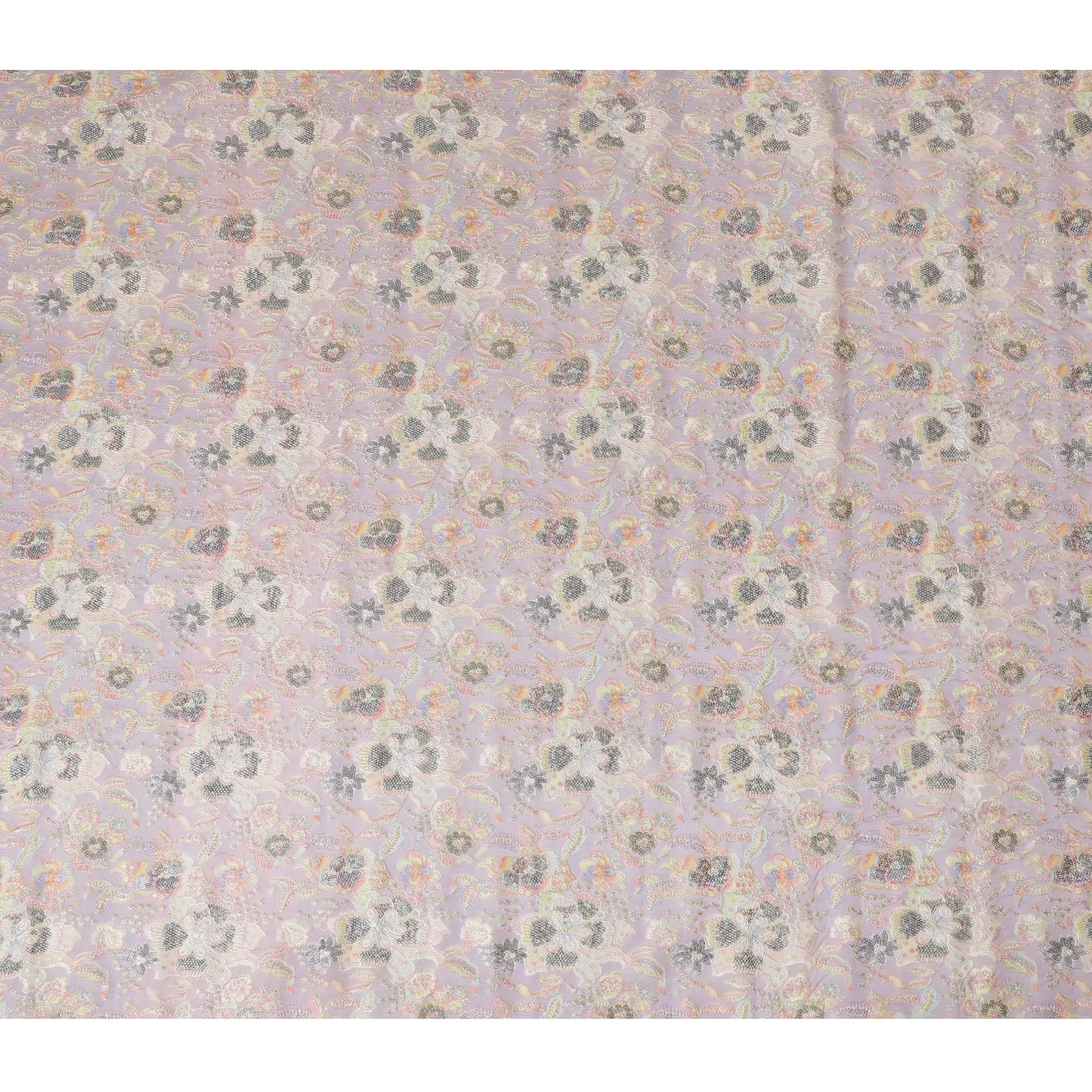 Lavender Mist Embroidered Premium Tussar Silk Fabric - 110cm, Artisanal Indian Floral Design, Premium Quality-D17693