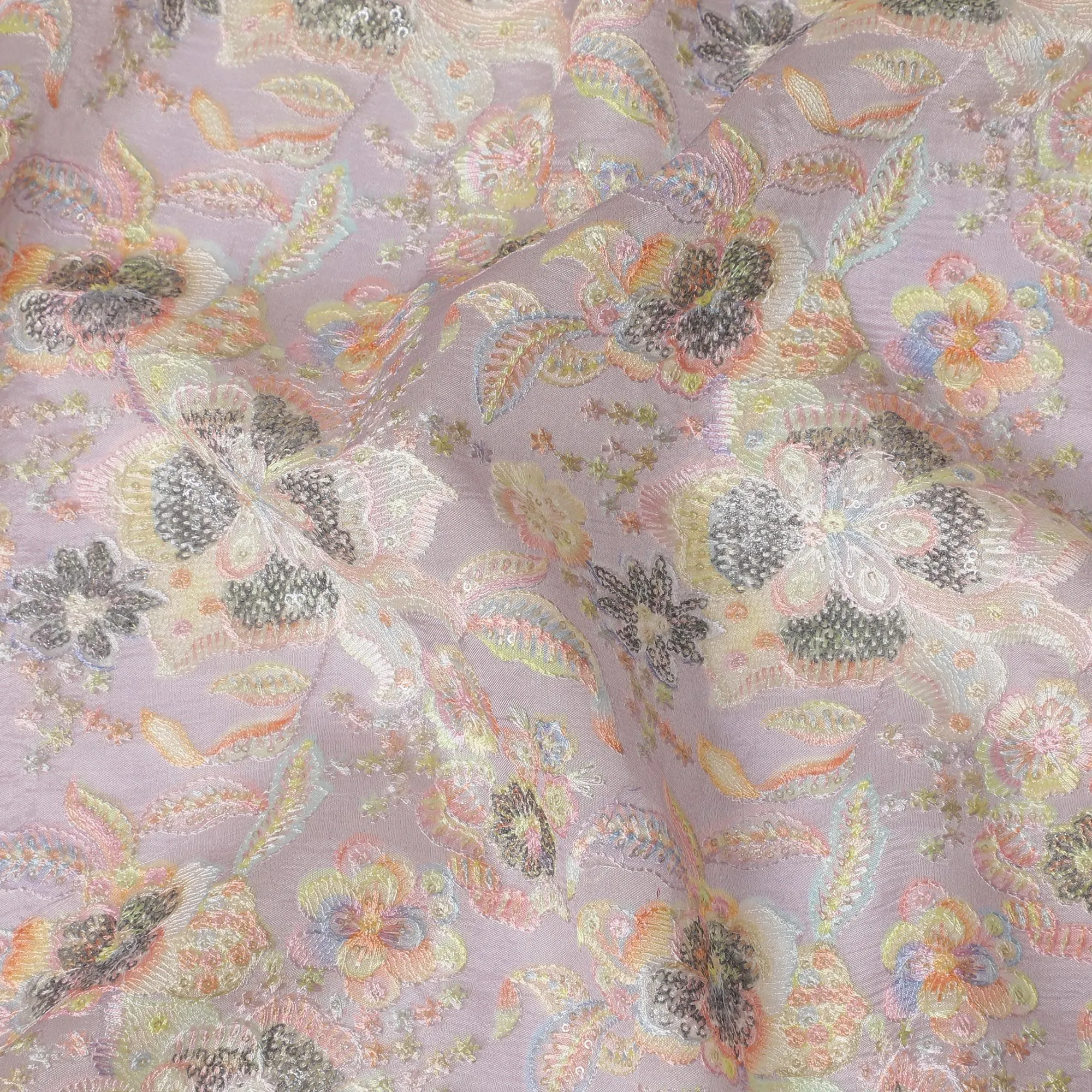 Lavender Mist Embroidered Premium Tussar Silk Fabric - 110cm, Artisanal Indian Floral Design, Premium Quality-D17693