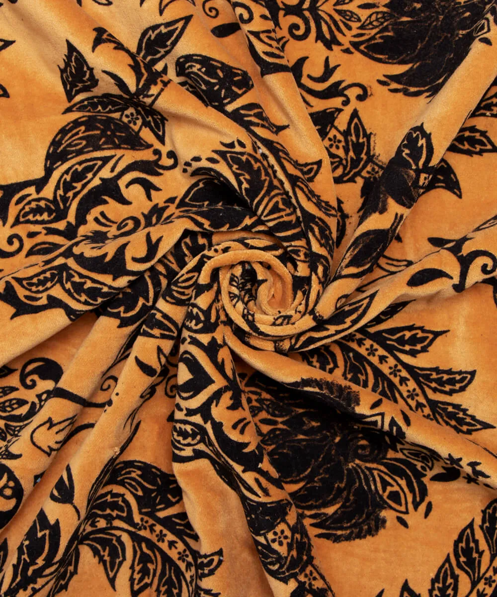Light Orange Peach Colour Floral Digital Print Cotton Velvet Fabric
