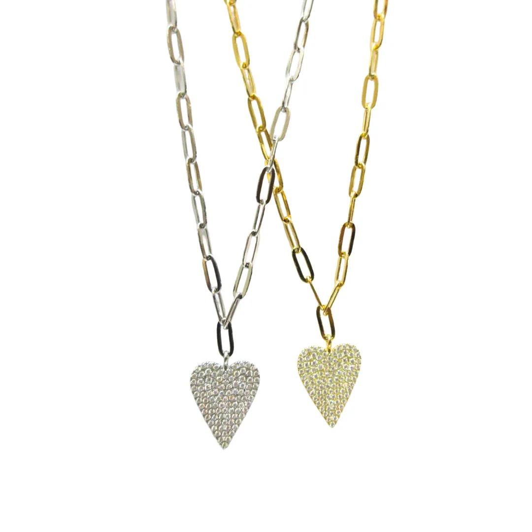 Miss Mimi Sharp Pave Heart on Oval Link Chain - Gold/Silver