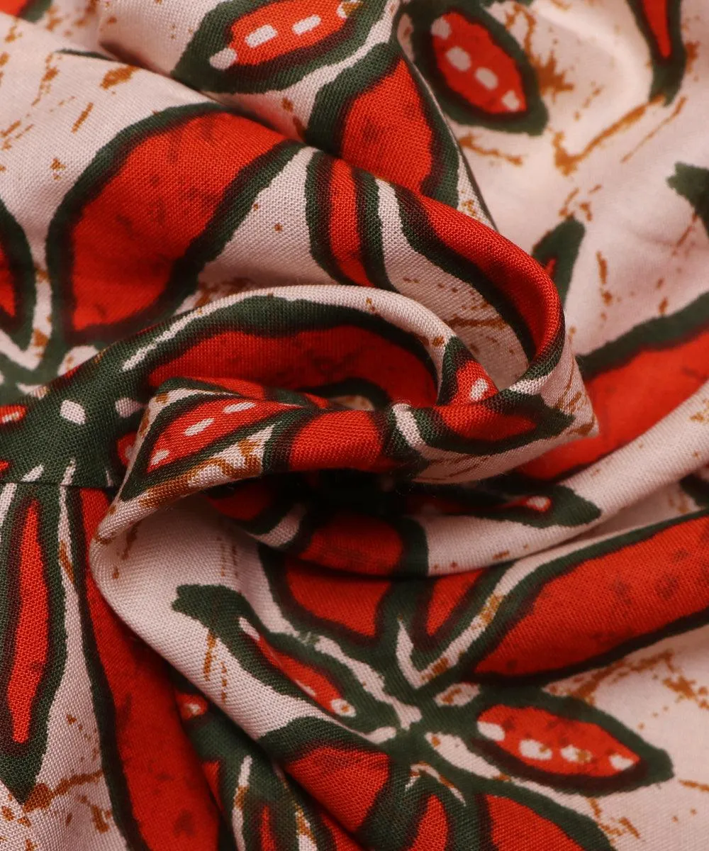 Off-White and Green Floral Print Rayon Fabric
