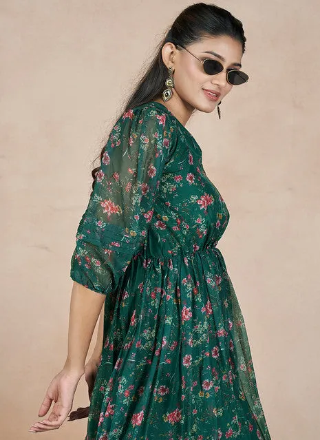 Outstanding Green Chiffon Printed Party Wear Dress