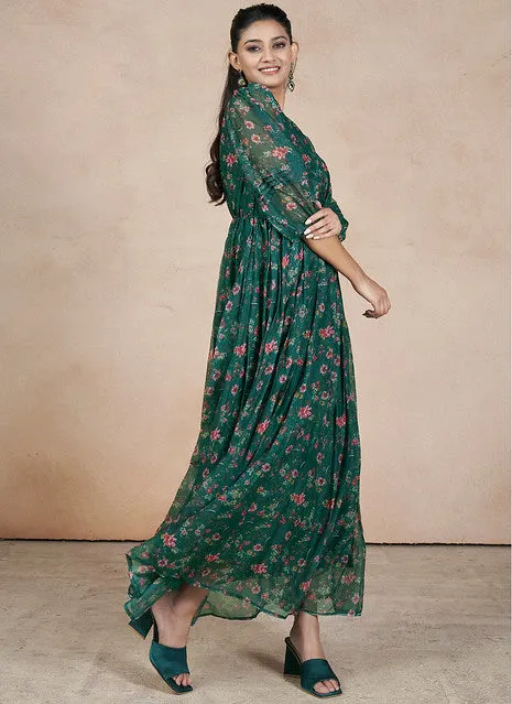 Outstanding Green Chiffon Printed Party Wear Dress