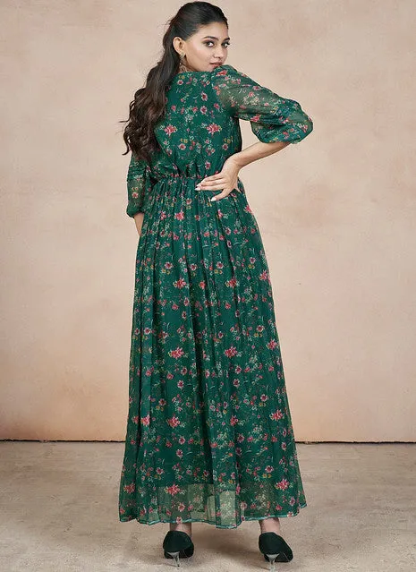 Outstanding Green Chiffon Printed Party Wear Dress