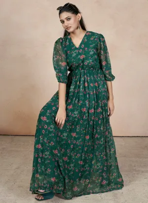 Outstanding Green Chiffon Printed Party Wear Dress