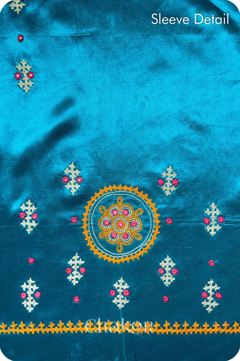 Peacock Blue Mashru Embroidered Blouse Fabric