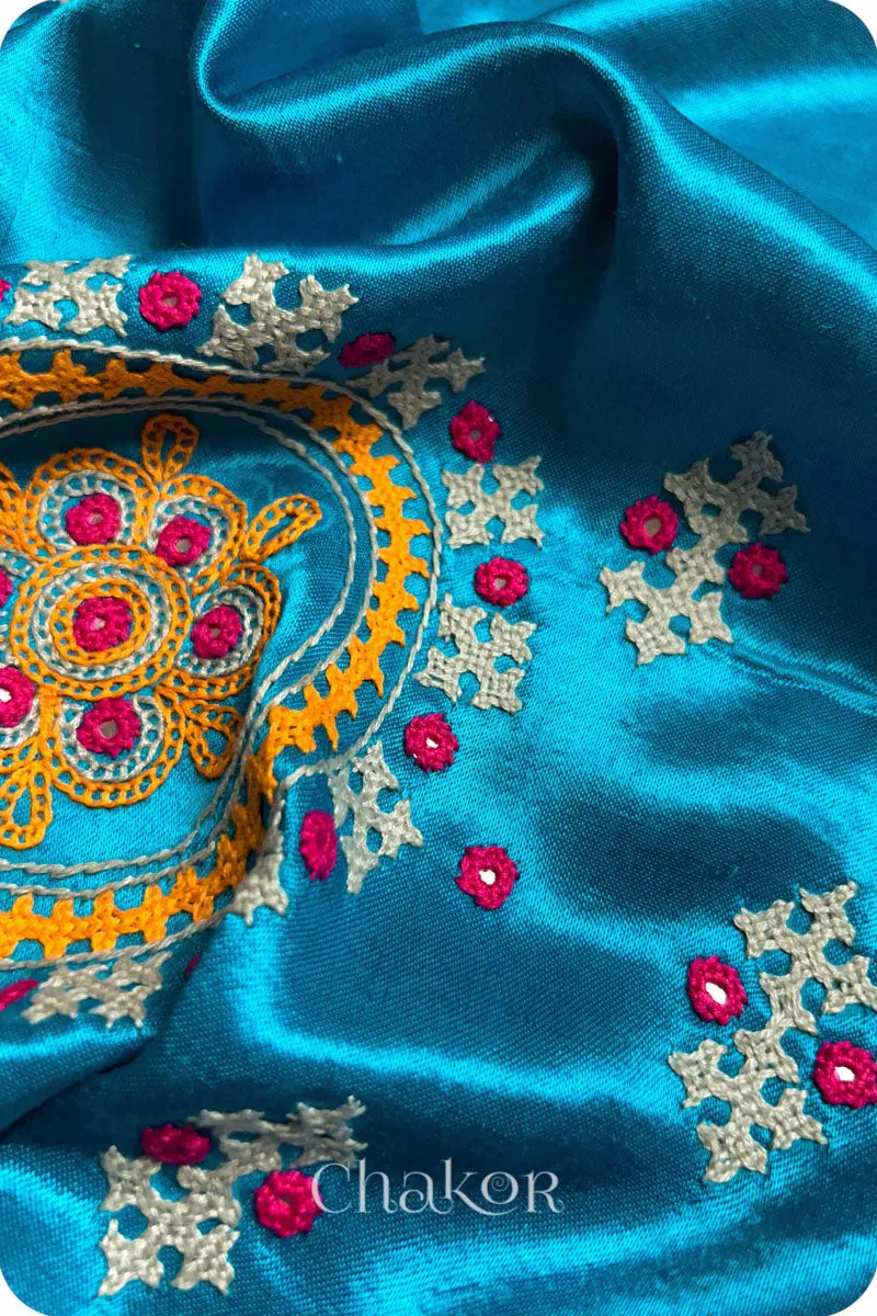 Peacock Blue Mashru Embroidered Blouse Fabric