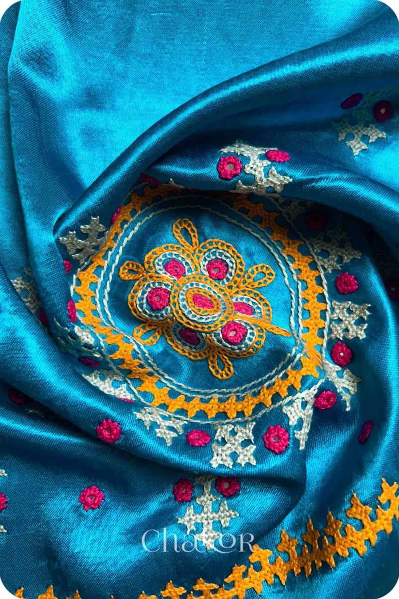 Peacock Blue Mashru Embroidered Blouse Fabric