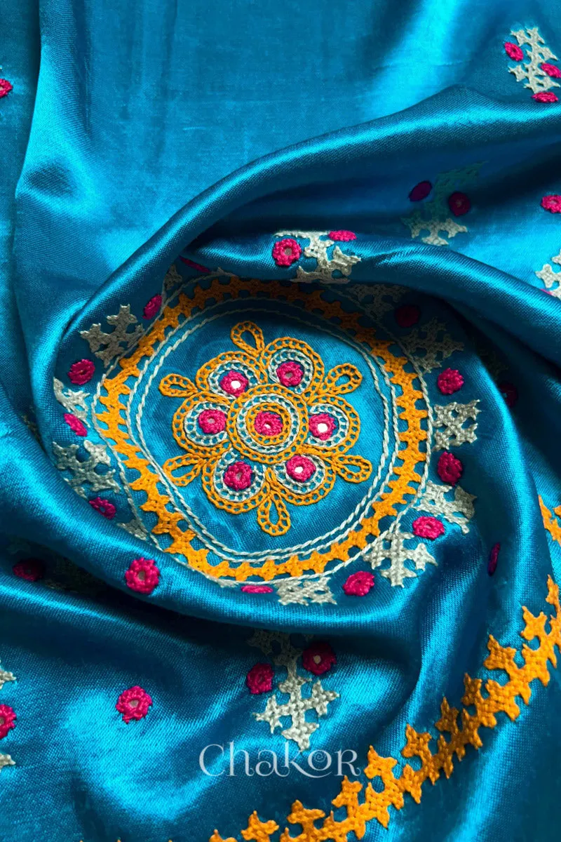 Peacock Blue Mashru Embroidered Blouse Fabric