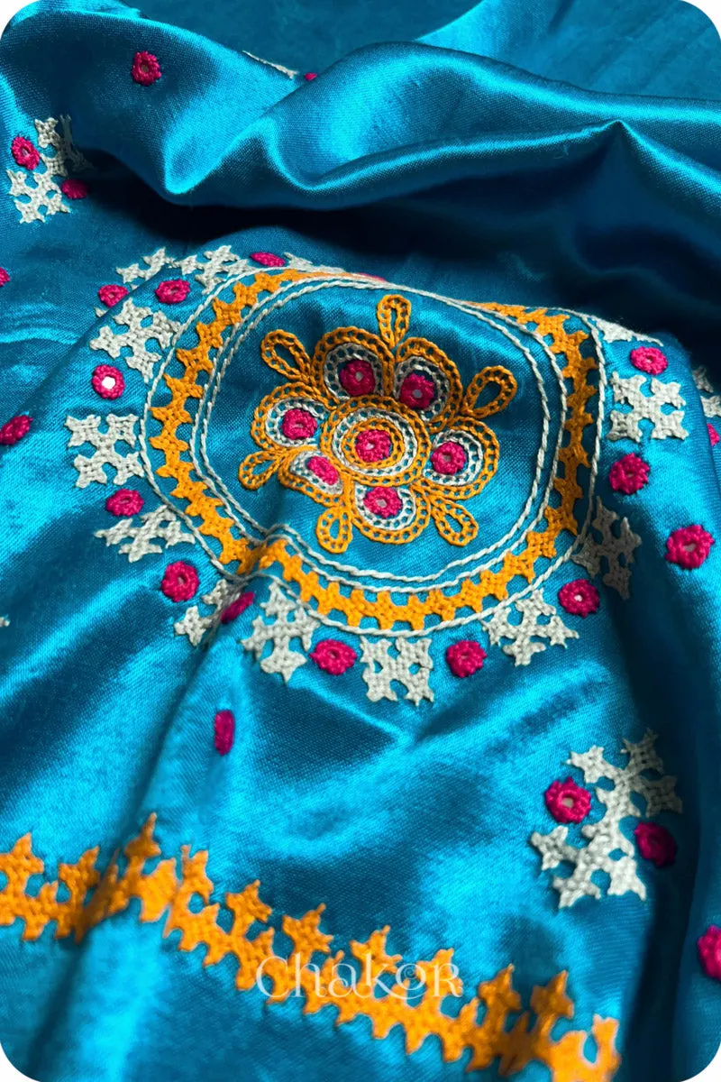 Peacock Blue Mashru Embroidered Blouse Fabric