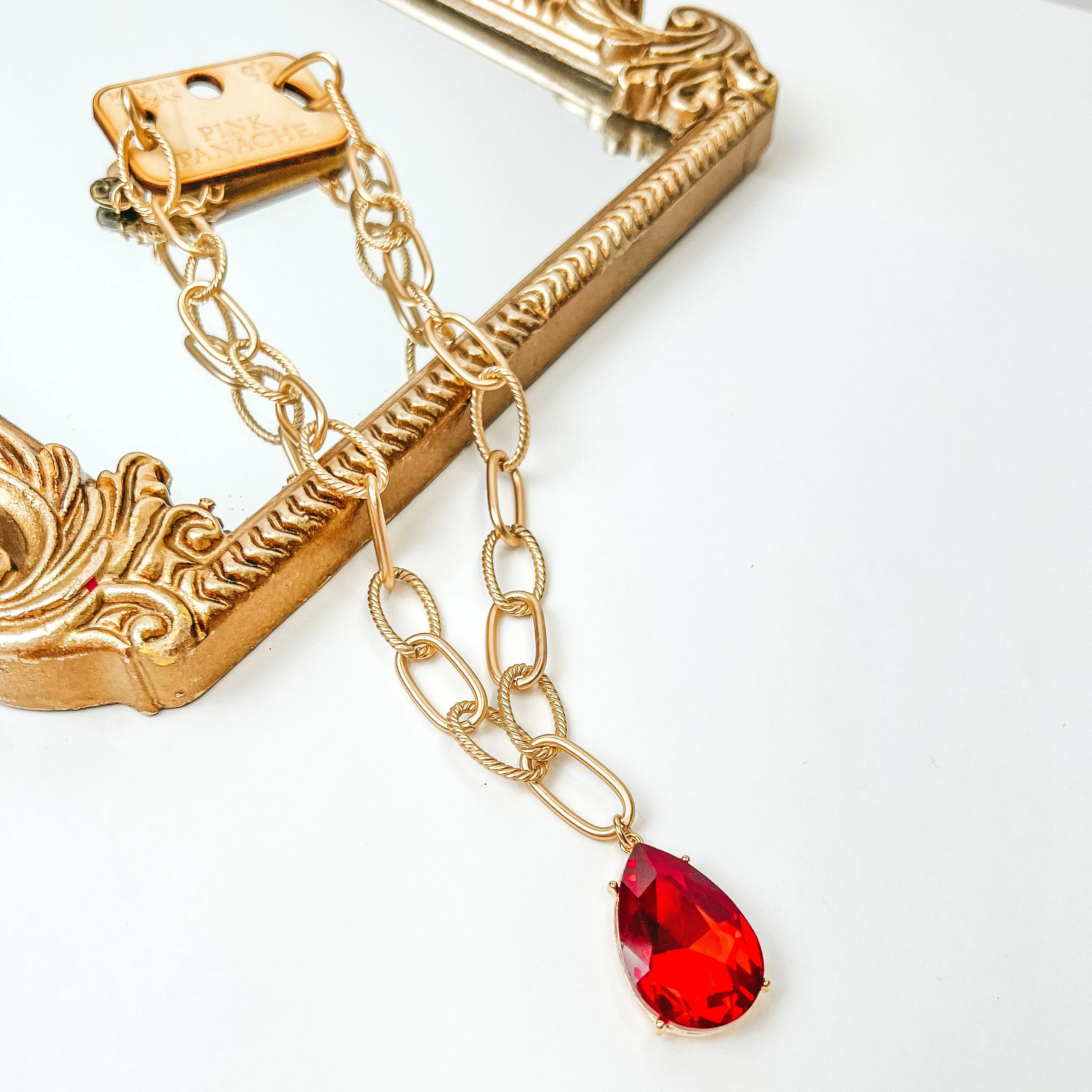 Pink Panache | Gold Tone Large Link Chain Necklace with Large Red Crystal Teardrop