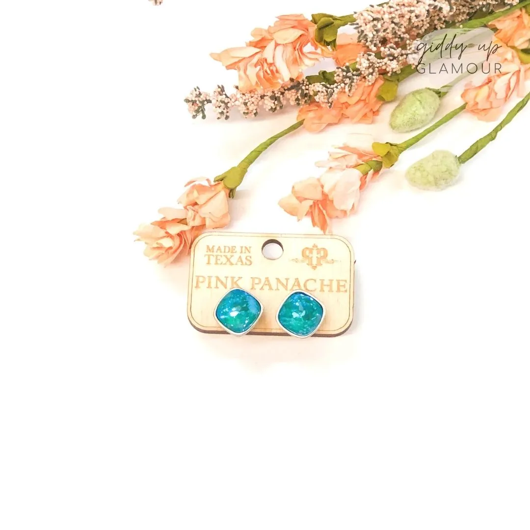 Pink Panache | Silver Tone Stud Earrings with Cushion Cut Crystals in Laguna Delight