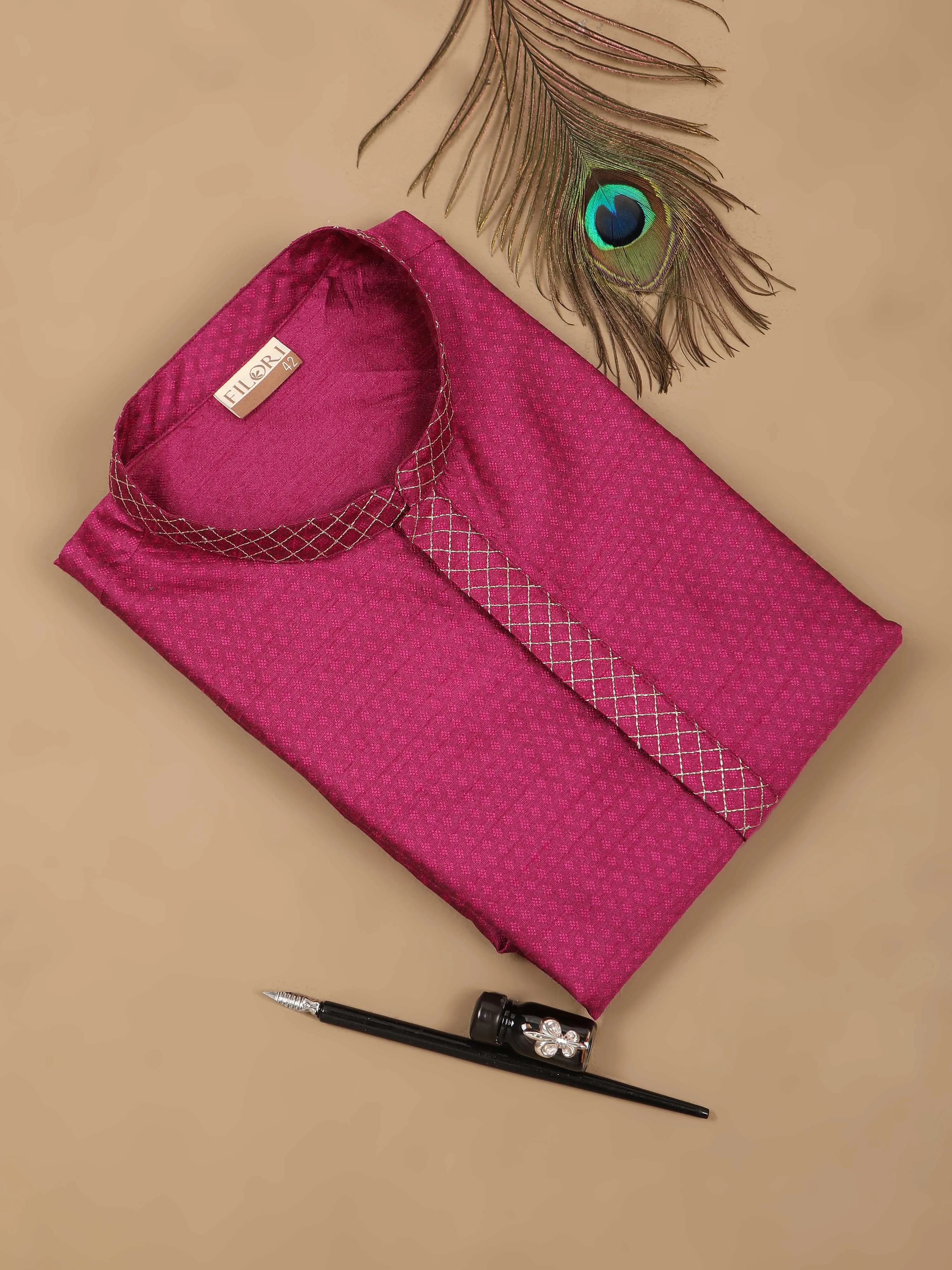 Rani Pink Embroidered Long Kurta
