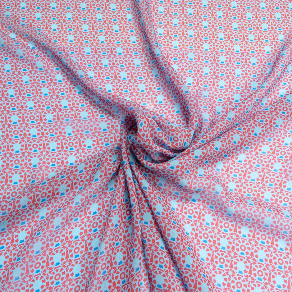 Red & Blue Geometric Printed Pure Silk Georgette