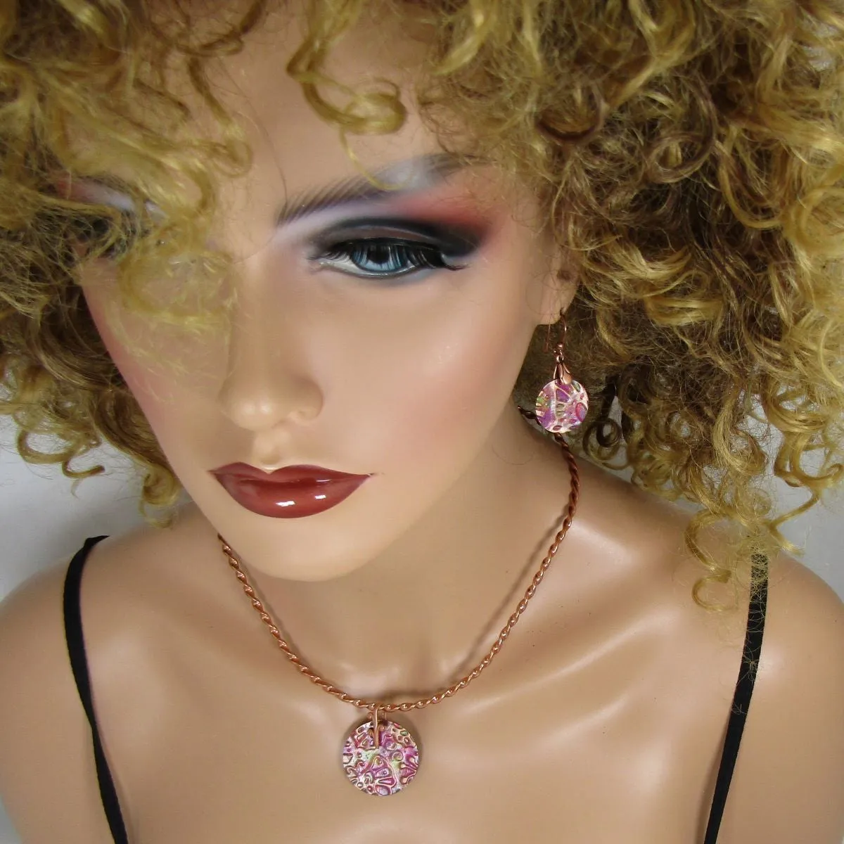Rose Pink Patina Copper Pendant Choker Necklace &  Earrings