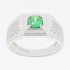 Round Green Emerald Sterling Silver Ring with Moissanite Accent