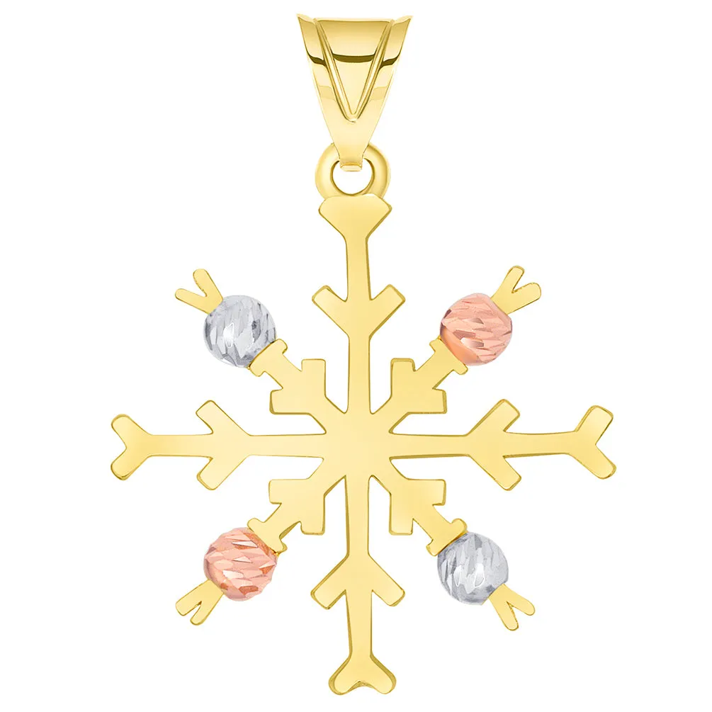 Solid 14k Tri-Color Gold High Polish Snowflake with Textured Beads Pendant Available with Figaro Chain