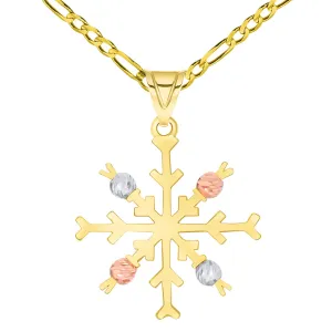 Solid 14k Tri-Color Gold High Polish Snowflake with Textured Beads Pendant Available with Figaro Chain