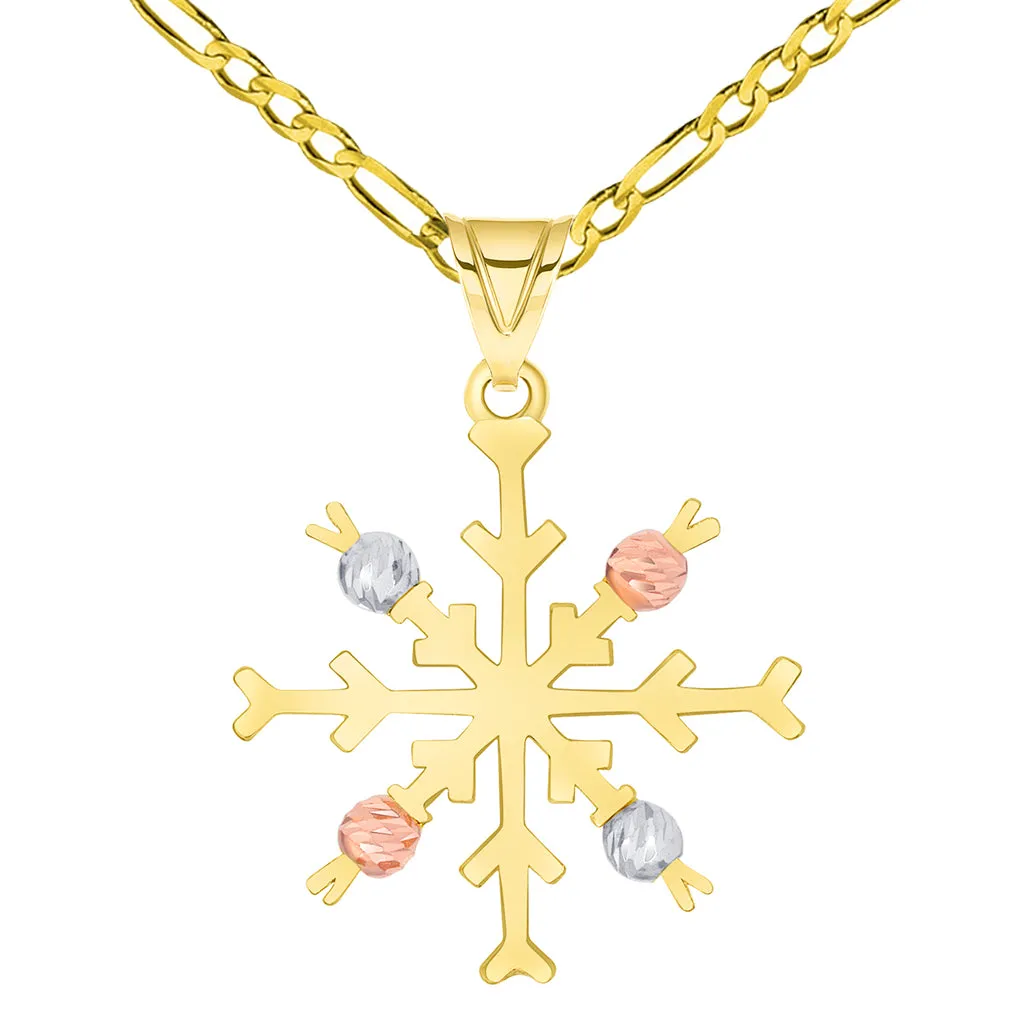 Solid 14k Tri-Color Gold High Polish Snowflake with Textured Beads Pendant Available with Figaro Chain