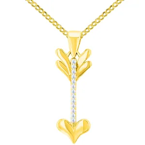 Solid 14K Yellow Gold Reversible CZ Love Arrow Pendant with Cuban Chain Necklace