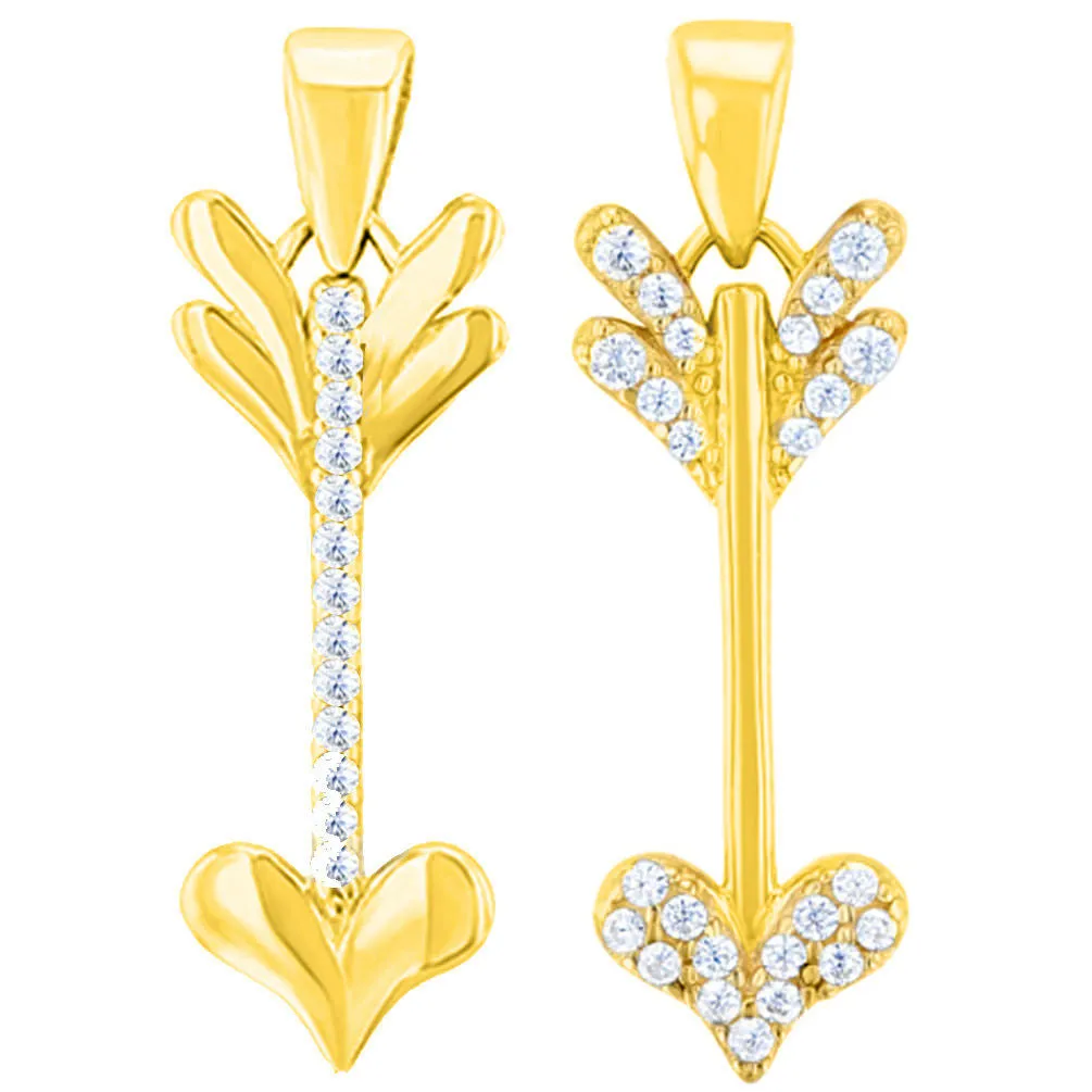 Solid 14K Yellow Gold Reversible CZ Love Arrow Pendant with Cuban Chain Necklace