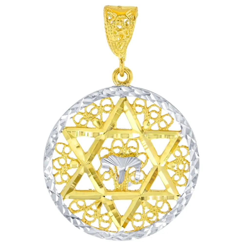Solid 14K Yellow Gold Round Filigree Star of David with Chai Symbol Pendant Figaro Chain Necklace