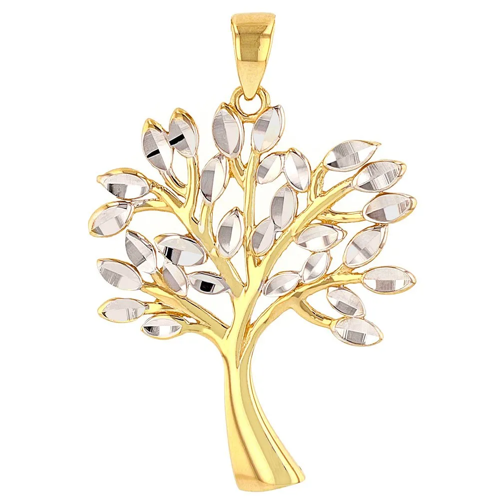 Solid 14K Yellow Gold Textured Elegant Tree of Life Pendant Necklace
