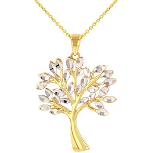 Solid 14K Yellow Gold Textured Elegant Tree of Life Pendant Necklace