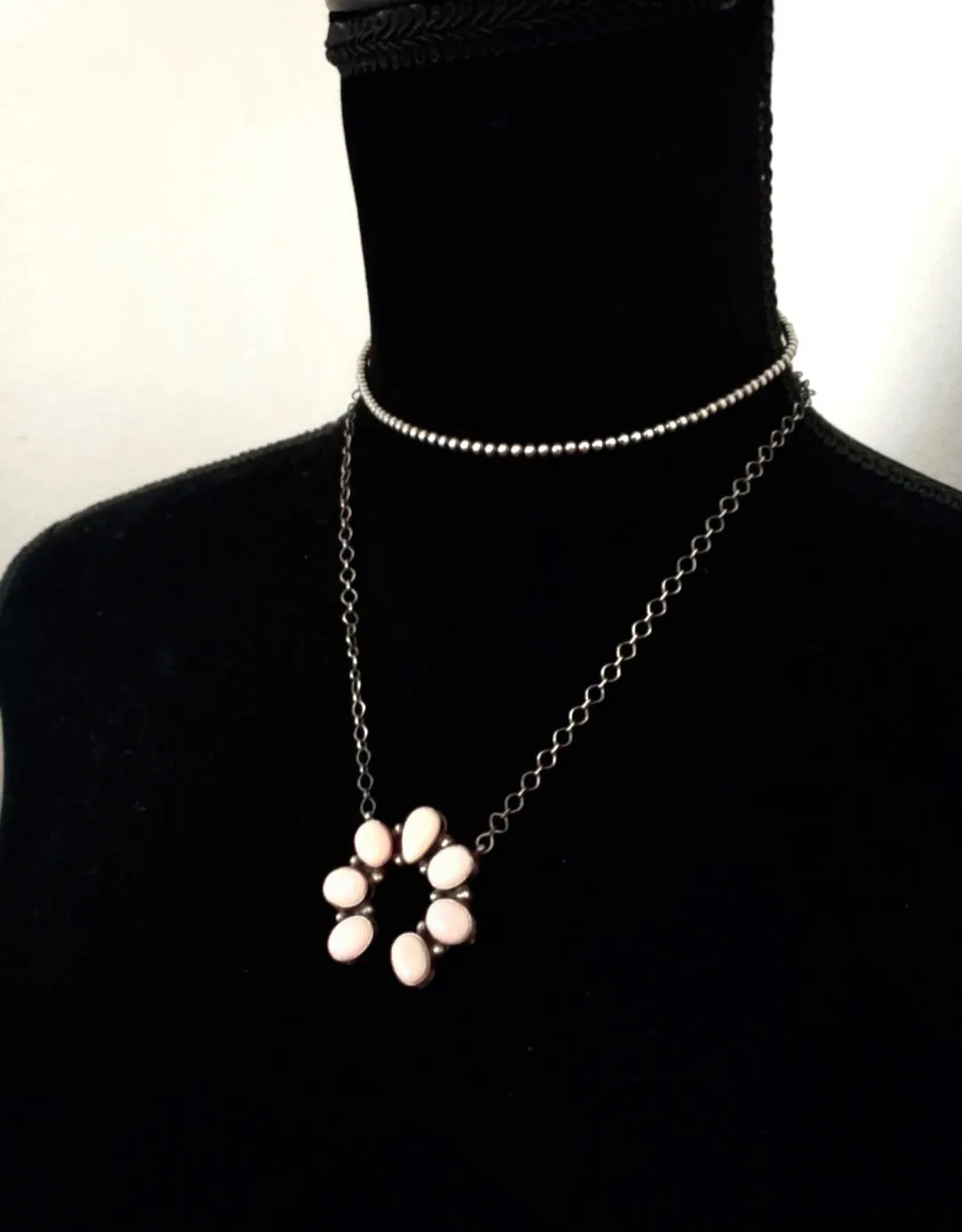 Stamped Sterling Silver Pink Conch Shell 7 Stone Naja Necklace