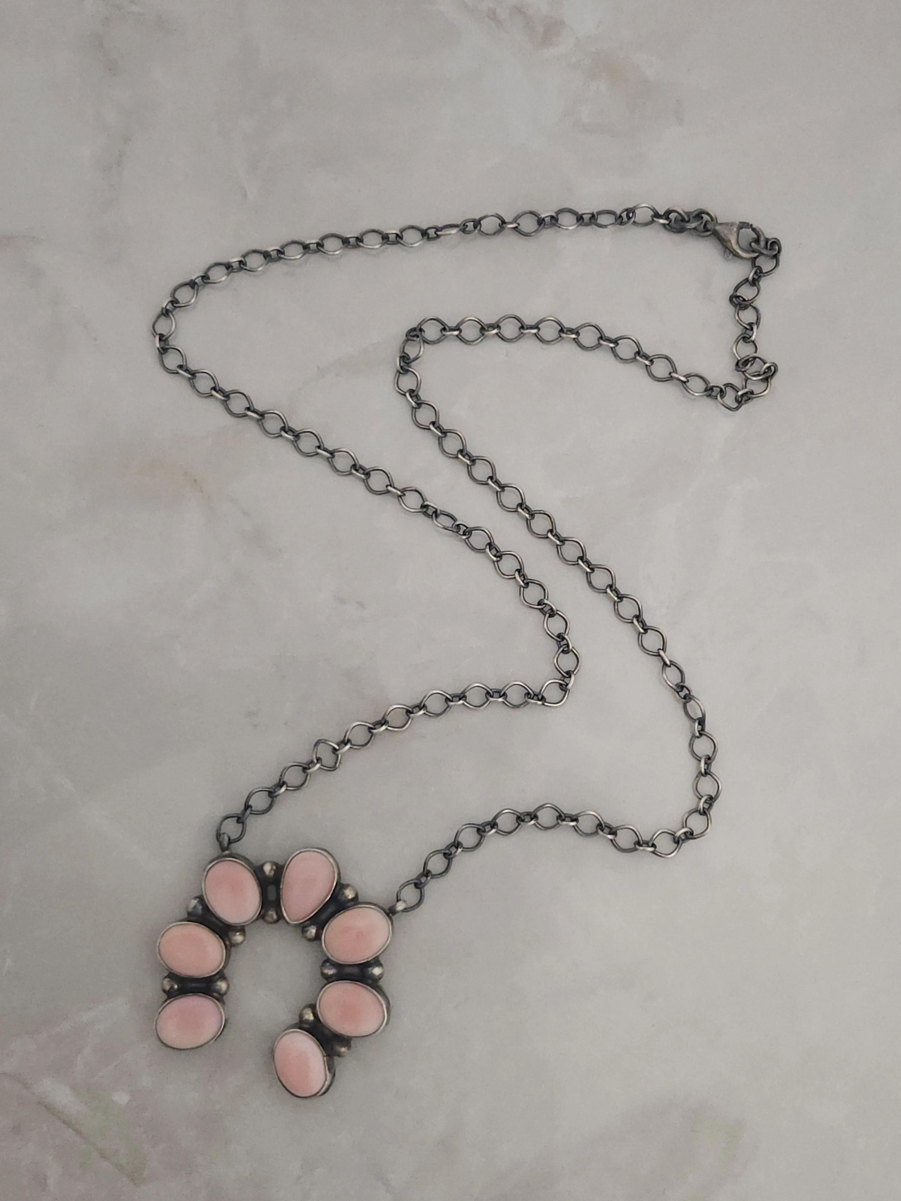 Stamped Sterling Silver Pink Conch Shell 7 Stone Naja Necklace