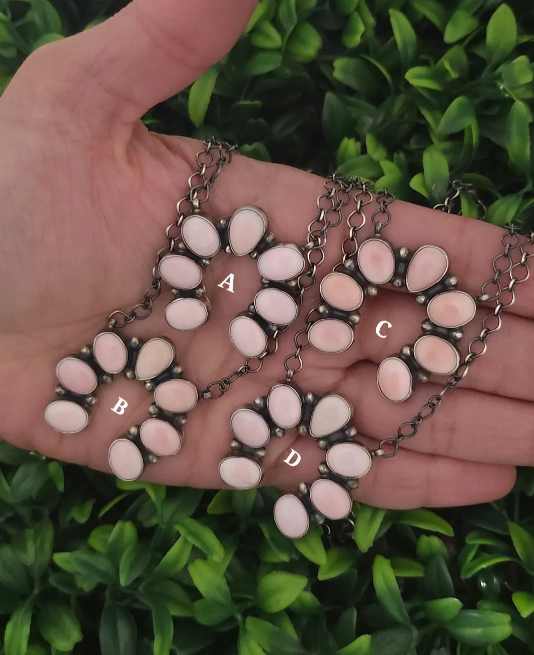 Stamped Sterling Silver Pink Conch Shell 7 Stone Naja Necklace