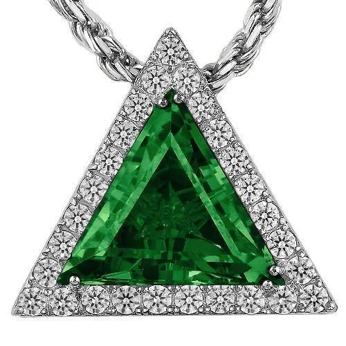 Sterling Silver Yellow Gold Plated Triangular Semi-Precious Crystal Emerald Pendant 13.00 Ctw