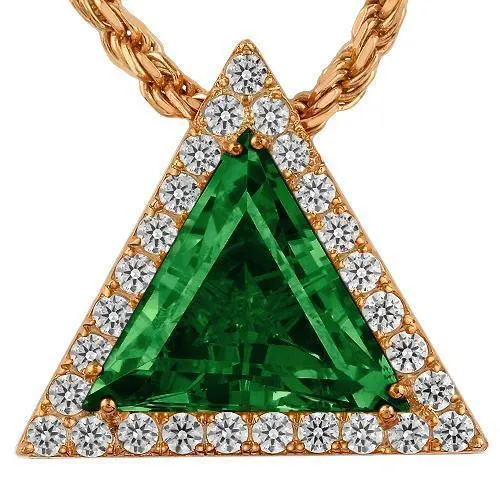 Sterling Silver Yellow Gold Plated Triangular Semi-Precious Crystal Emerald Pendant 13.00 Ctw