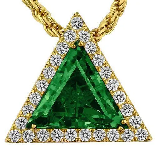 Sterling Silver Yellow Gold Plated Triangular Semi-Precious Crystal Emerald Pendant 13.00 Ctw
