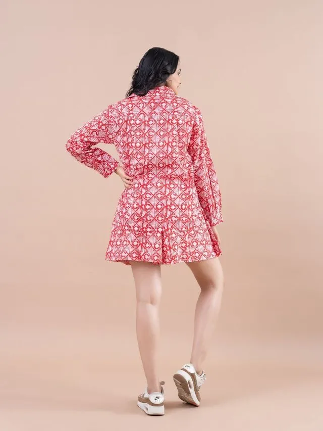 stylish floral printed cotton pure cotton full cuff sleeves shirt with comfortable fully elasticated flare shorts set - Red