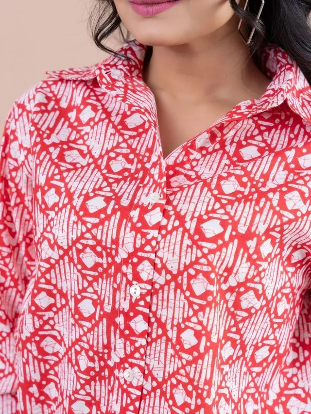stylish floral printed cotton pure cotton full cuff sleeves shirt with comfortable fully elasticated flare shorts set - Red