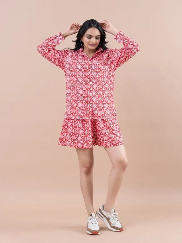 stylish floral printed cotton pure cotton full cuff sleeves shirt with comfortable fully elasticated flare shorts set - Red