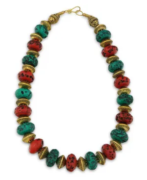 Tibetan Beaded Tribal Necklace with Embossed Brass