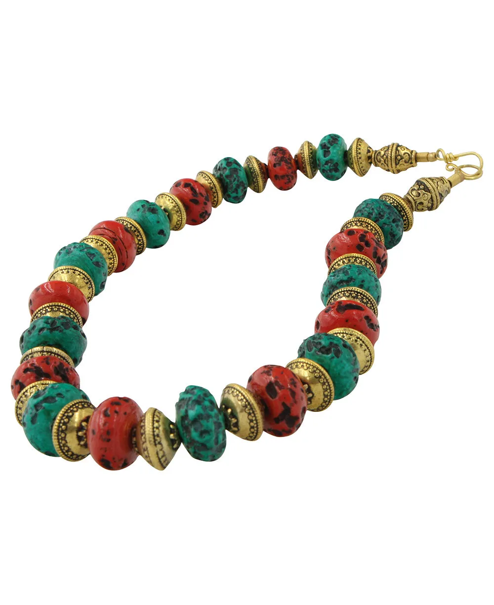 Tibetan Beaded Tribal Necklace with Embossed Brass
