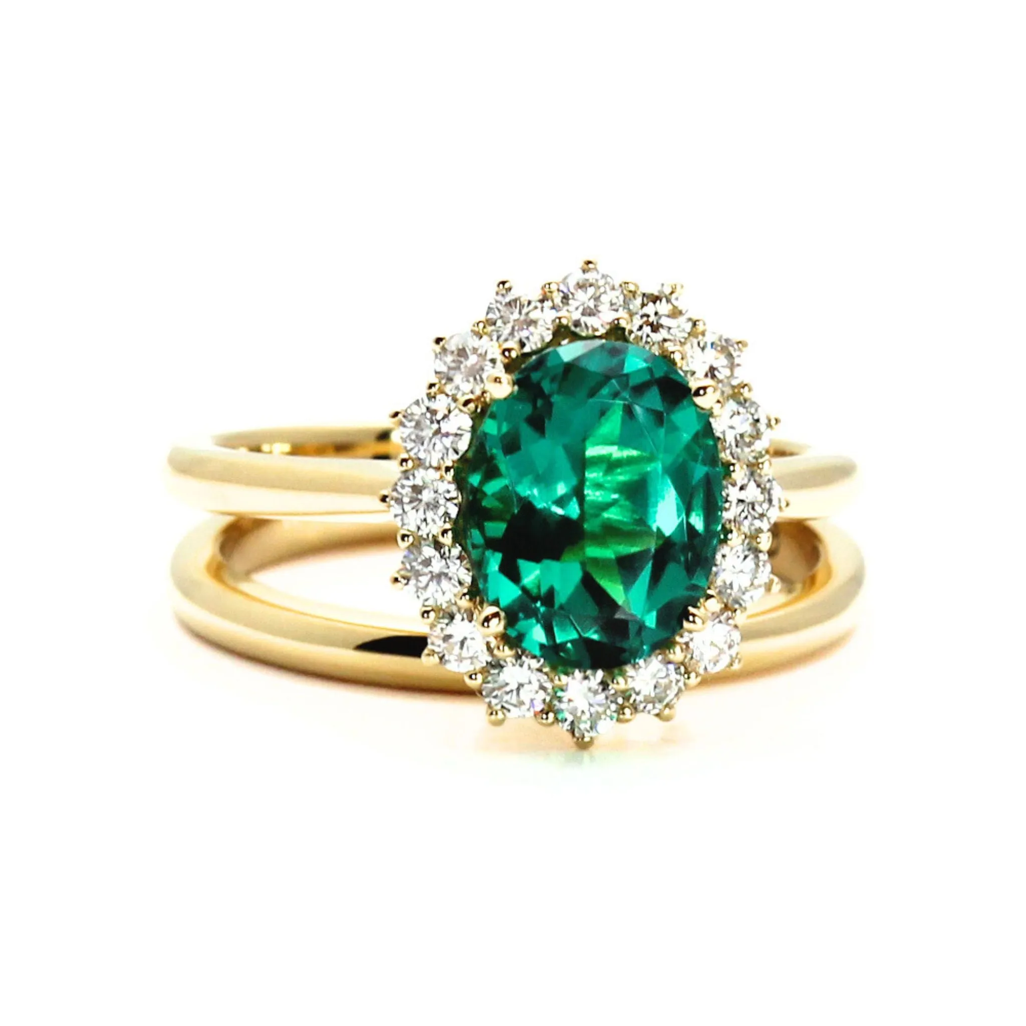 Vintage Emerald Engagement Ring Oval Cluster with Diamonds