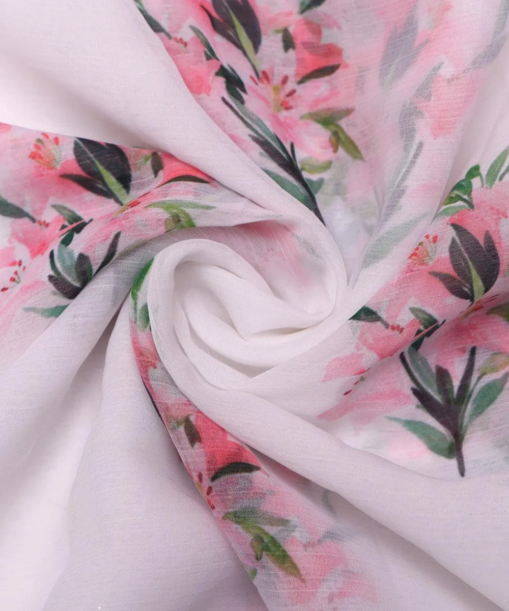 White Color Floral Print Chiffon Fabric